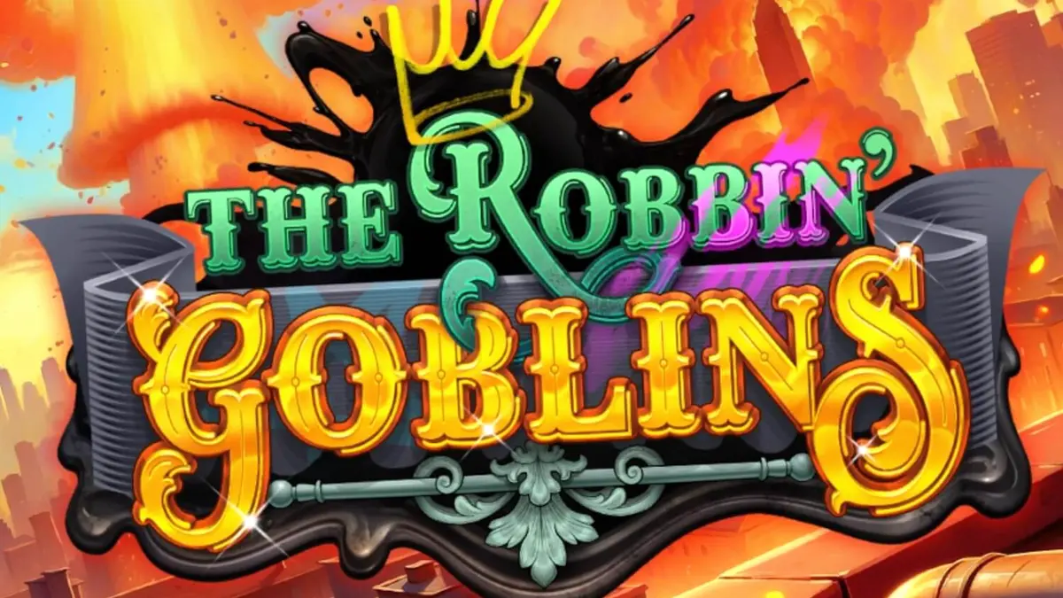 Cena de ação explosiva do slot Robbin’ Goblins com goblins e elementos de destruição.